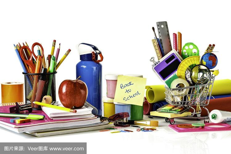 水平视图文具和返回学校办公用品在一个微型购物车